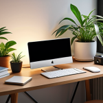 A quiet study space with a clean desk, soft lighting, plants, and a digital detox app notification on a smartphone.