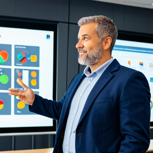 Home 6 A professional male educator, mid-40s, in a modest business casual blazer and collared shirt, standing confidently. He gestures towards a large, interactive transparent digital screen displaying dynamic learning modules and collaborative elements. The educator has an engaging, thoughtful expression, embodying a learning experience designer. The environment is a bright, futuristic, and collaborative learning studio with modern furniture and natural light, subtly hinting at a tech-infused educational space. perfect anatomy, correct proportions, natural pose, well-formed hands, proper finger count, natural body proportions, fully clothed, modest clothing, appropriate attire, professional dress, safe for work, appropriate content, professional photography, high quality, family-friendly.