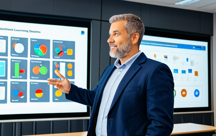 A professional male educator, mid-40s, in a modest business casual blazer and collared shirt, standing confidently. He gestures towards a large, interactive transparent digital screen displaying dynamic learning modules and collaborative elements. The educator has an engaging, thoughtful expression, embodying a learning experience designer. The environment is a bright, futuristic, and collaborative learning studio with modern furniture and natural light, subtly hinting at a tech-infused educational space. perfect anatomy, correct proportions, natural pose, well-formed hands, proper finger count, natural body proportions, fully clothed, modest clothing, appropriate attire, professional dress, safe for work, appropriate content, professional photography, high quality, family-friendly.